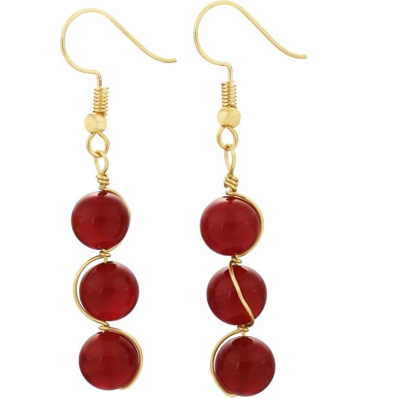 Red Wire Wrapped Triple Ball Beaded Dangle DropTrendy Hook Earrings for Ladies - Picture 1 of 4